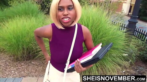 Erect Dark Boobs And Giant Areolas Exposed, Busty Student Sheisnovember In Public On Her Campus, Standing Tight Blouse Baring Very Huge Natural Breasts Plus Her Curvy Thighs To Flash Soft Ebony Ass By Msnovember