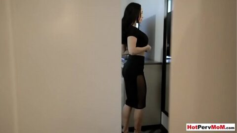 Nasty brunette MILF stepmother Crystal Rush with big boobs in sexy red lets her horny big cocked stepson to jerk off on her shaved pussy