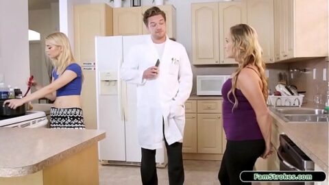 Guy takes control over his small tits 18yo stepsis and his blonde stepmom.The blonde teen rims him while the milf deepthroats his big cock