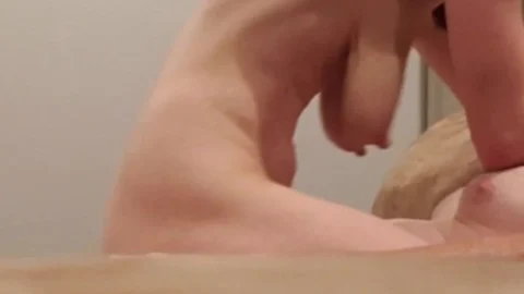 Skinny young girl with floppy tits milks cock