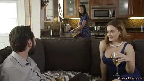 Husband Tommy with big cock fucks deep throat brunette submissive wife Kendra Spade then welcomes her huge boobs stepsister Natasha Nice