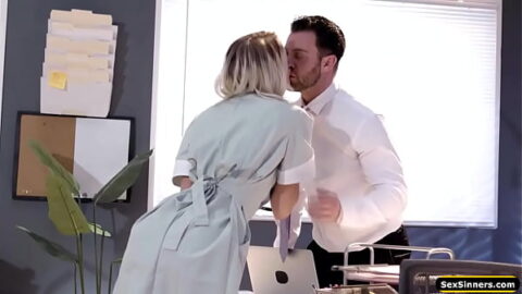 Busty cleaning lady grabs a colleagues tie and takes him to the boss office.She strips down and deepthroat and tittyfucks him before anal riding cock
