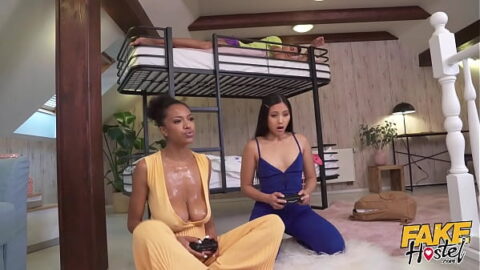 FAKEhub – Thai Asian girl and ebony Spanish babe with huge natural boobs in horny threesome