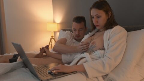Step mom helps to cum step son in share bed with hand job and shaved pussy, but can’t…