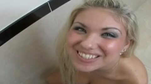 Aubrey Adams in the bathroom gets cum on her face from eager cock