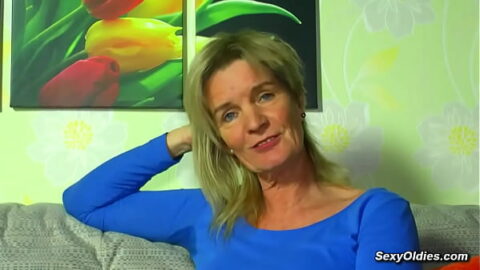 After interview blonde German granny Diana V strips to lingerie and fingers her pussy while fondls natural tits until gets an orgasm