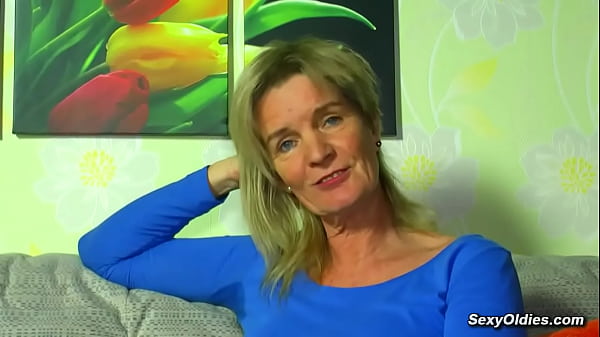 After interview blonde German granny Diana V strips to lingerie and fingers her pussy while fondls natural tits until gets an orgasm