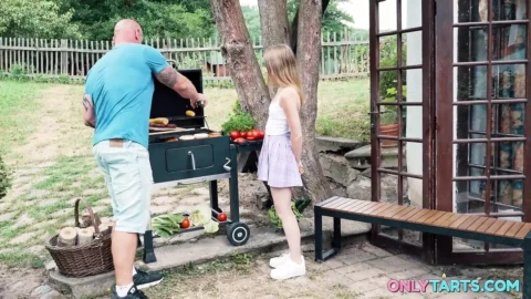 Hot Summer BBQ – Maya Gets Her First Outdoor Threesome