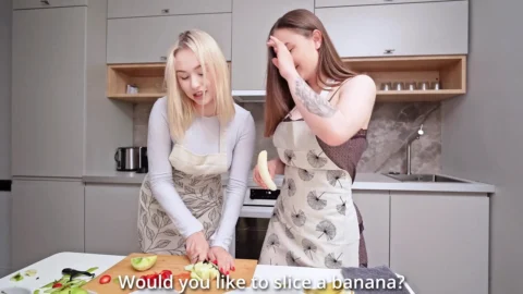 Lesbians Are Cooking in the Kitchen! but Big Hard Cock in Their Ass and Pussy Stopped It…