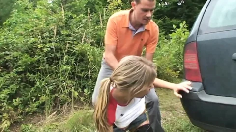 A busty cute teen takes a big hard cock outdoor