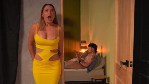 Stepson masturbates thinking he’s home alone, and his busty stepmom watches him with desire