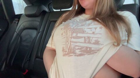 Chubby Vikky with huge natural tits rides a dildo in a car and gets an orgasm