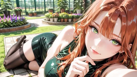 Redhead Busty Beauty Passionate Sex on Garden Grass: Shiny Green Skirt & Black Stockings to Squirting
