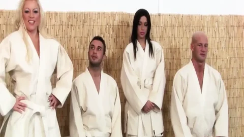 Gym Slut Scene 2: DP Orgy with a Blonde and a Brunette with Big Butts in a Taekwondo Class
