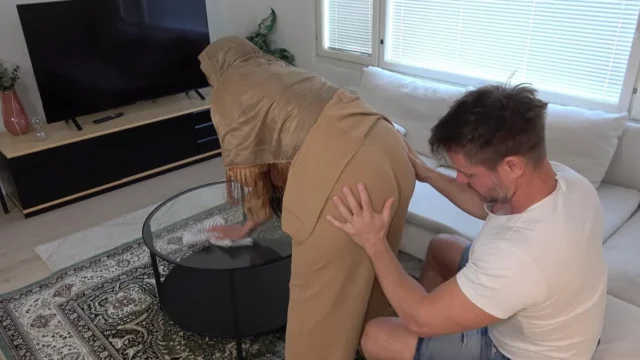 Hijabi Wife Cleaning the House in Front of Her Stepbrother-in-law