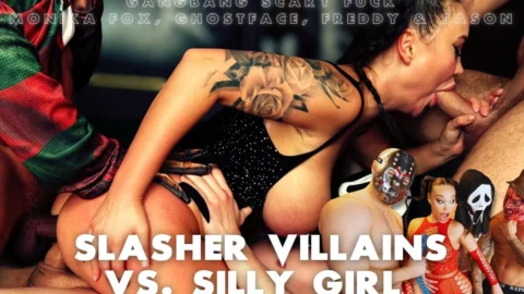 Slasher Villains Vs. Silly Girl Monika Fox Gangbang Scary Rough Fuck!