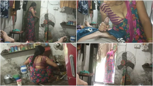 Stepmom in the kitchen shows her big nipples and gives her stepson a Hindi audio
